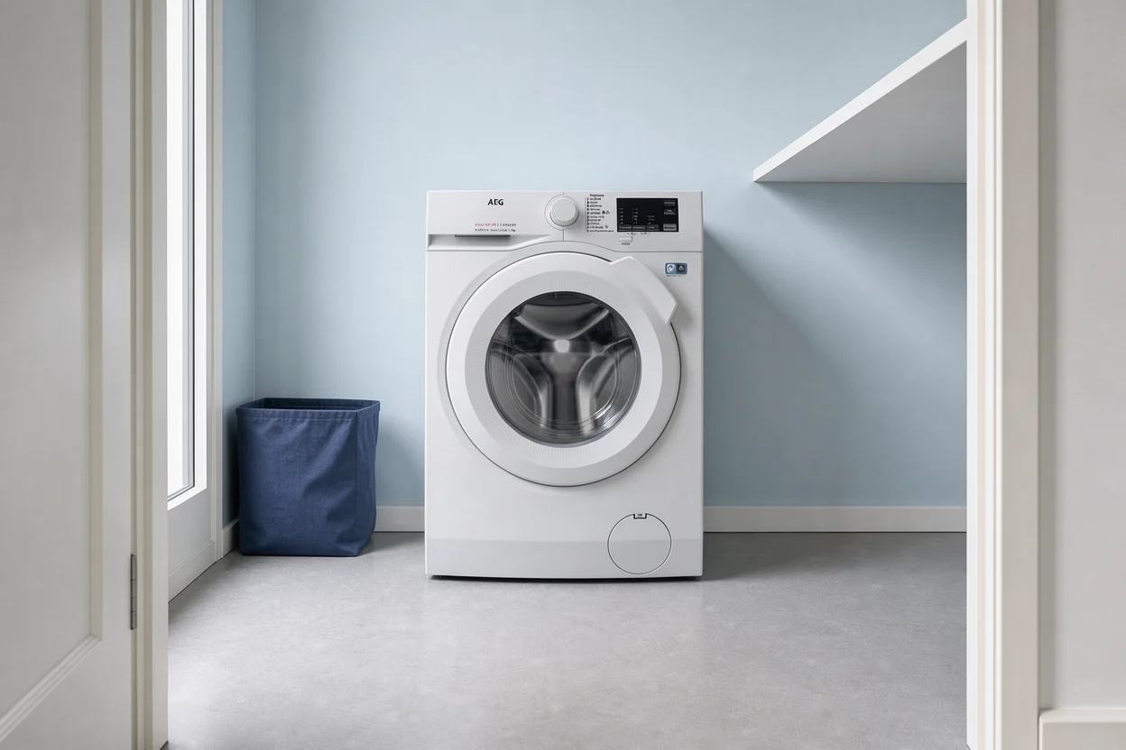 Witte AEG LF62CW84 in een lichtblauwe wasruimte