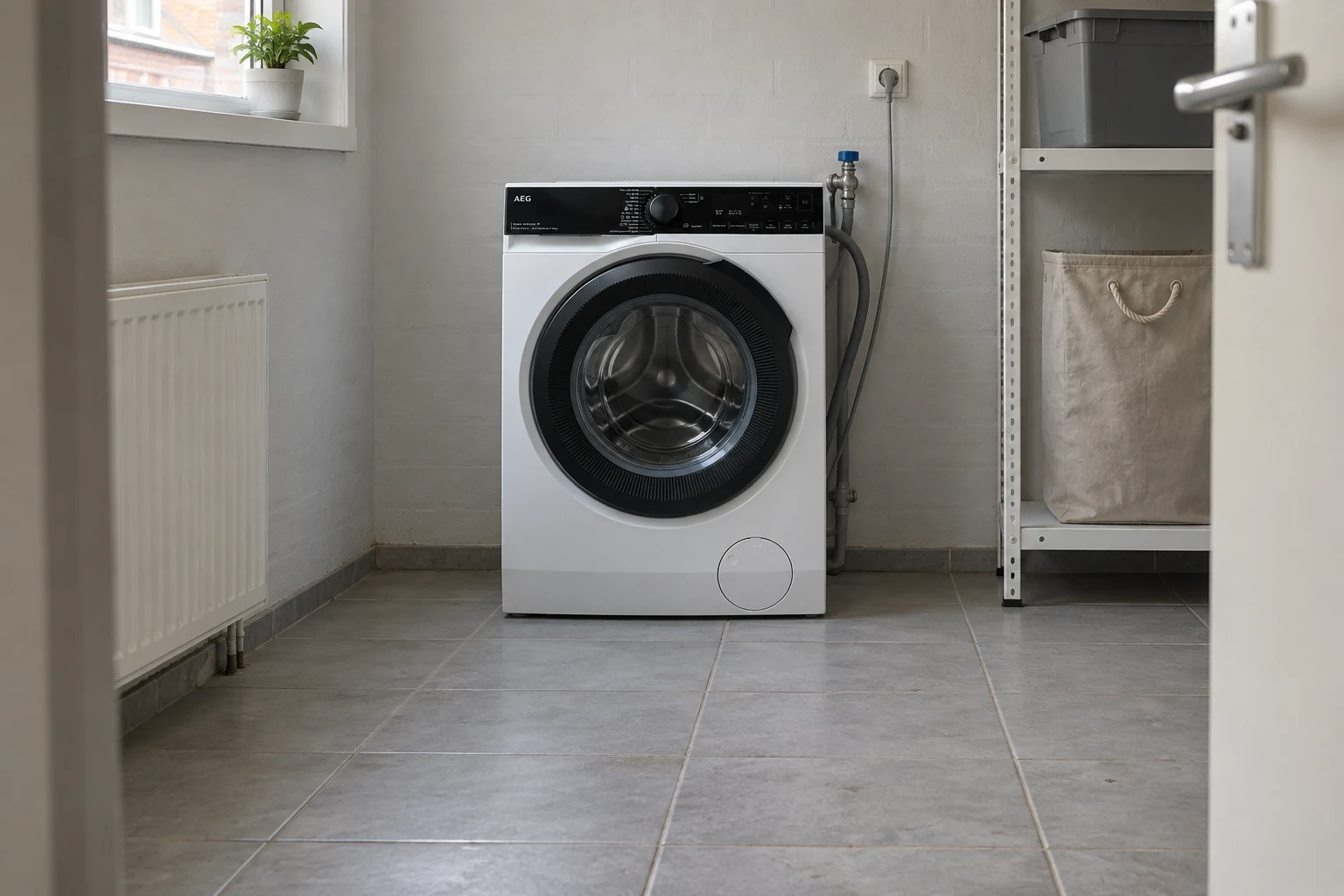 AEG LR7696AAD4 in een compacte wasruimte met grijze tegelvloer.