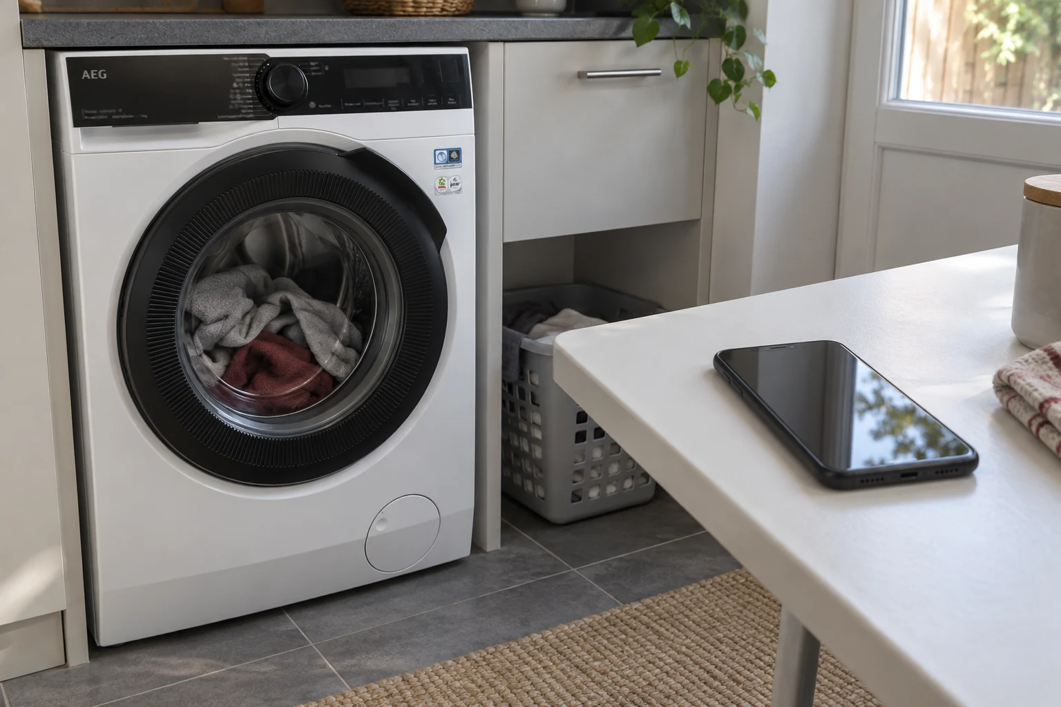 Telefoon op een werkblad naast de AEG LR7696AAD4.