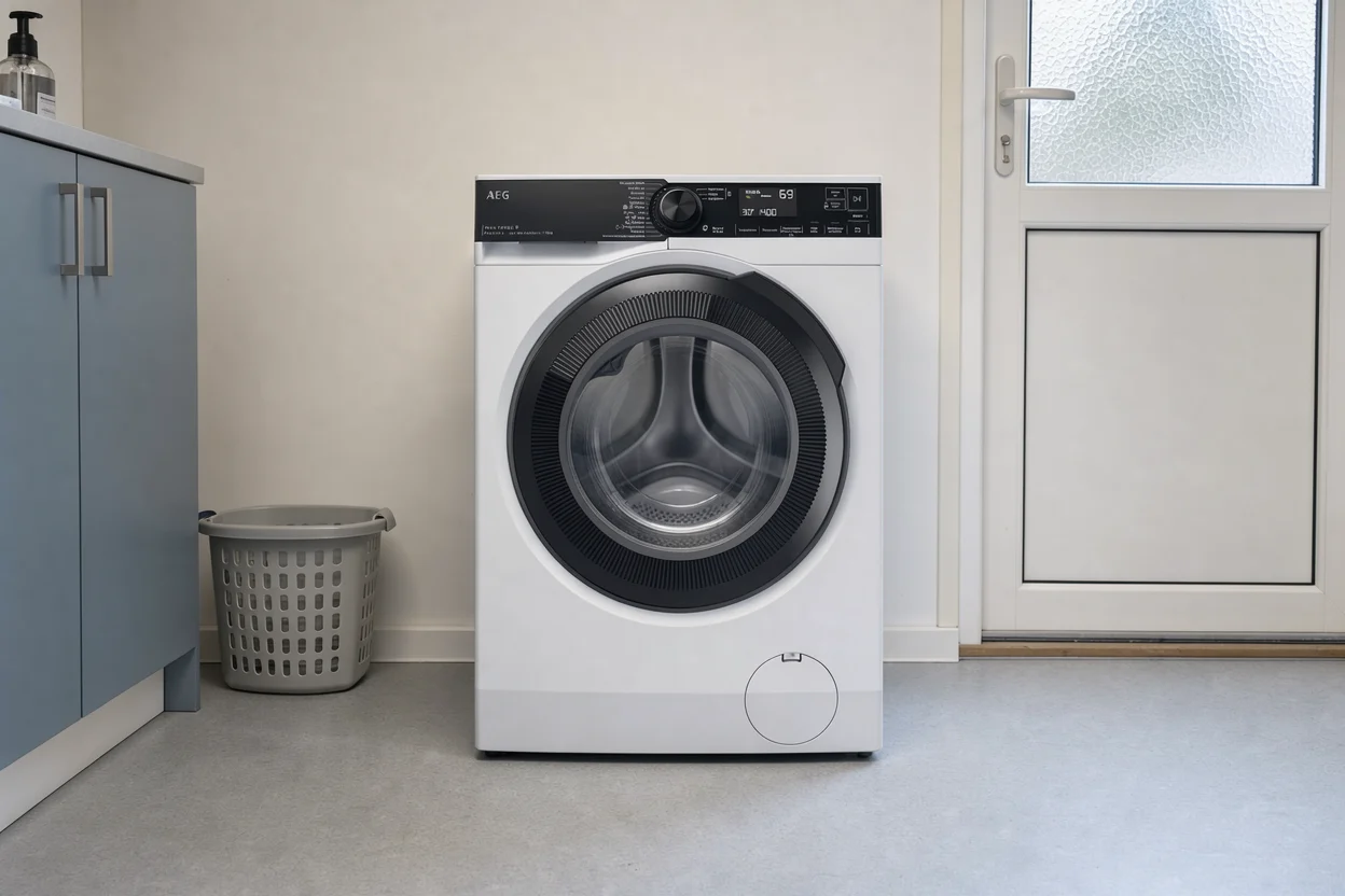 AEG LR76CBC94 met zwarte bediening en deurring in een lichte wasruimte