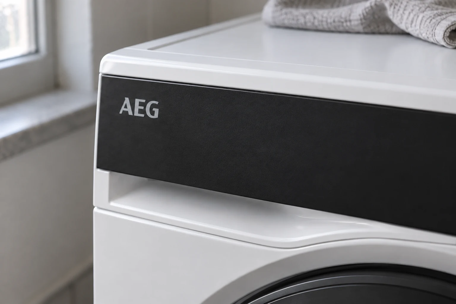 Detail van de gesloten wasmiddellade en greep van de AEG wasmachine.