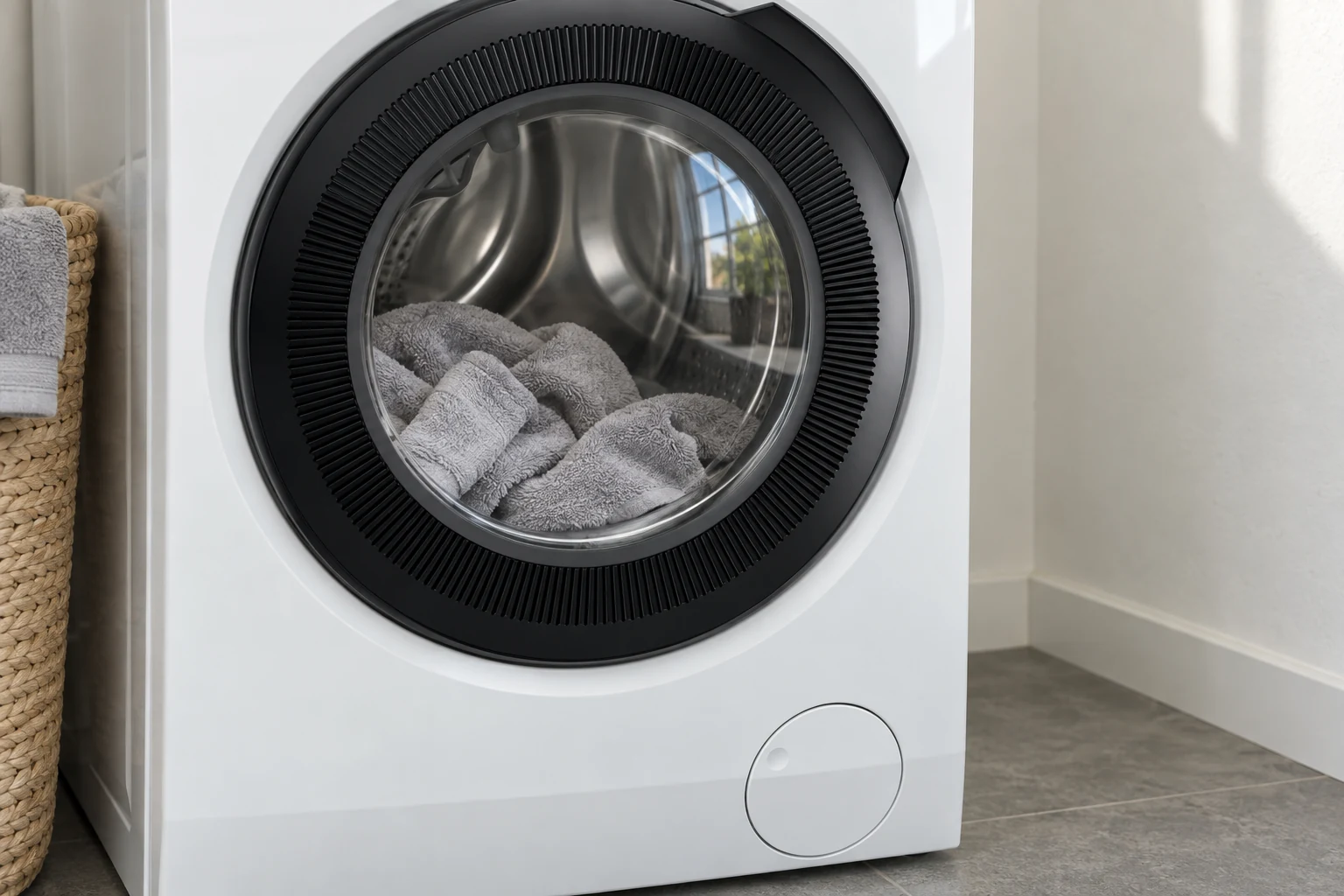 Losse handdoeken achter de gesloten glazen deur van een AEG wasmachine.