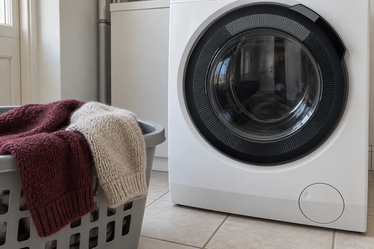 Wollen kleding in een wasmand naast de AEG LR86CUC94.