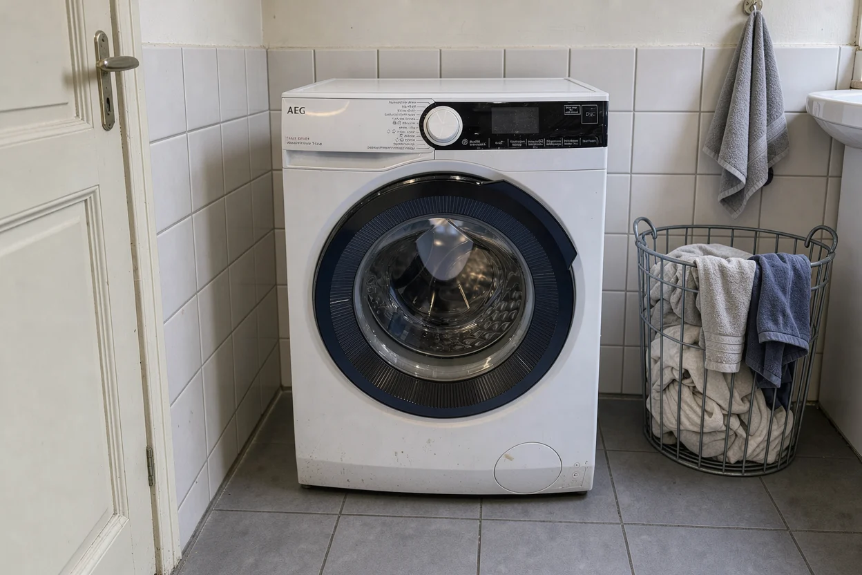 AEG-wasmachine in een betegelde washoek met een wasmand ernaast