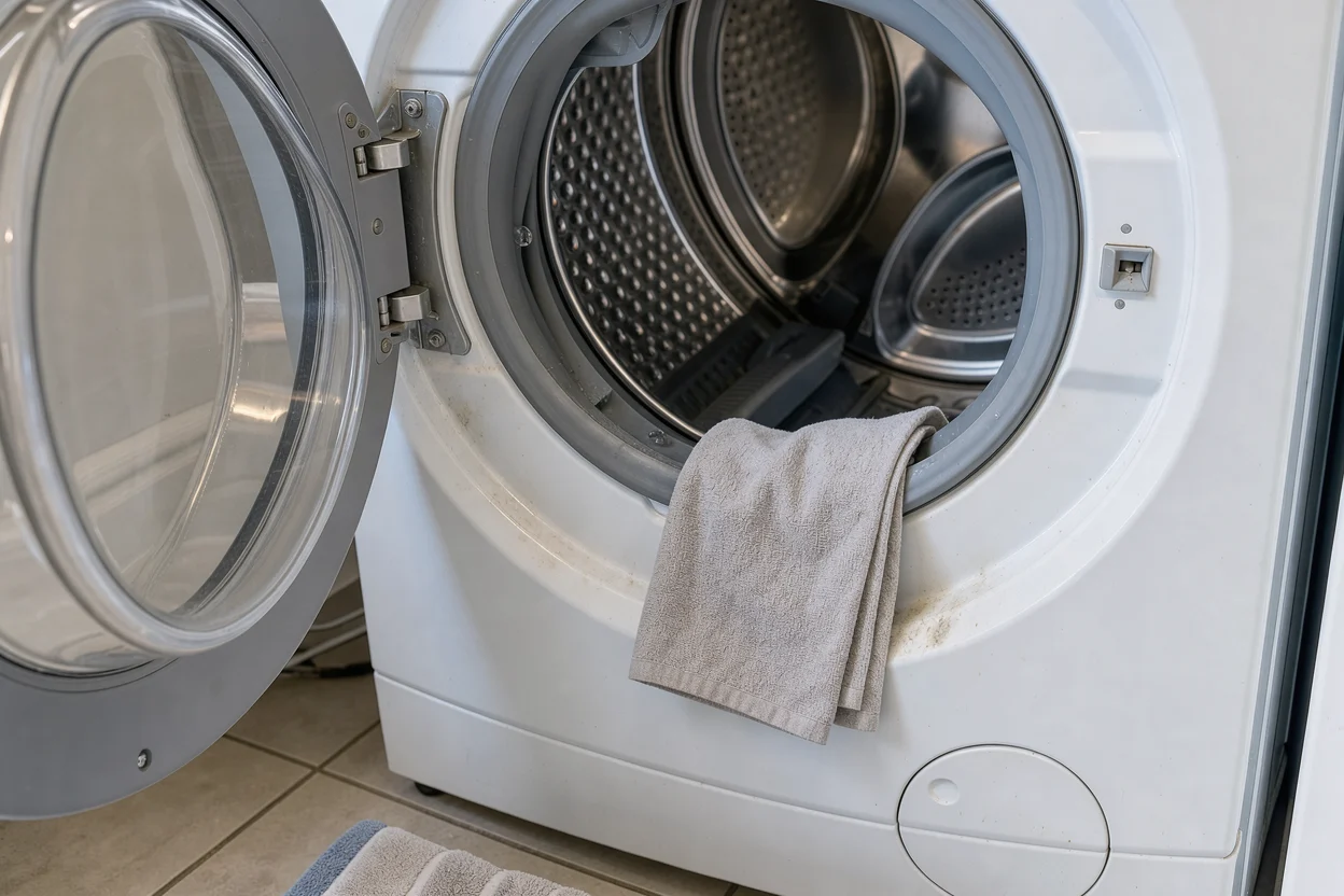 Een zachte doek ligt bij de rubberen rand van een geopende wasmachine.