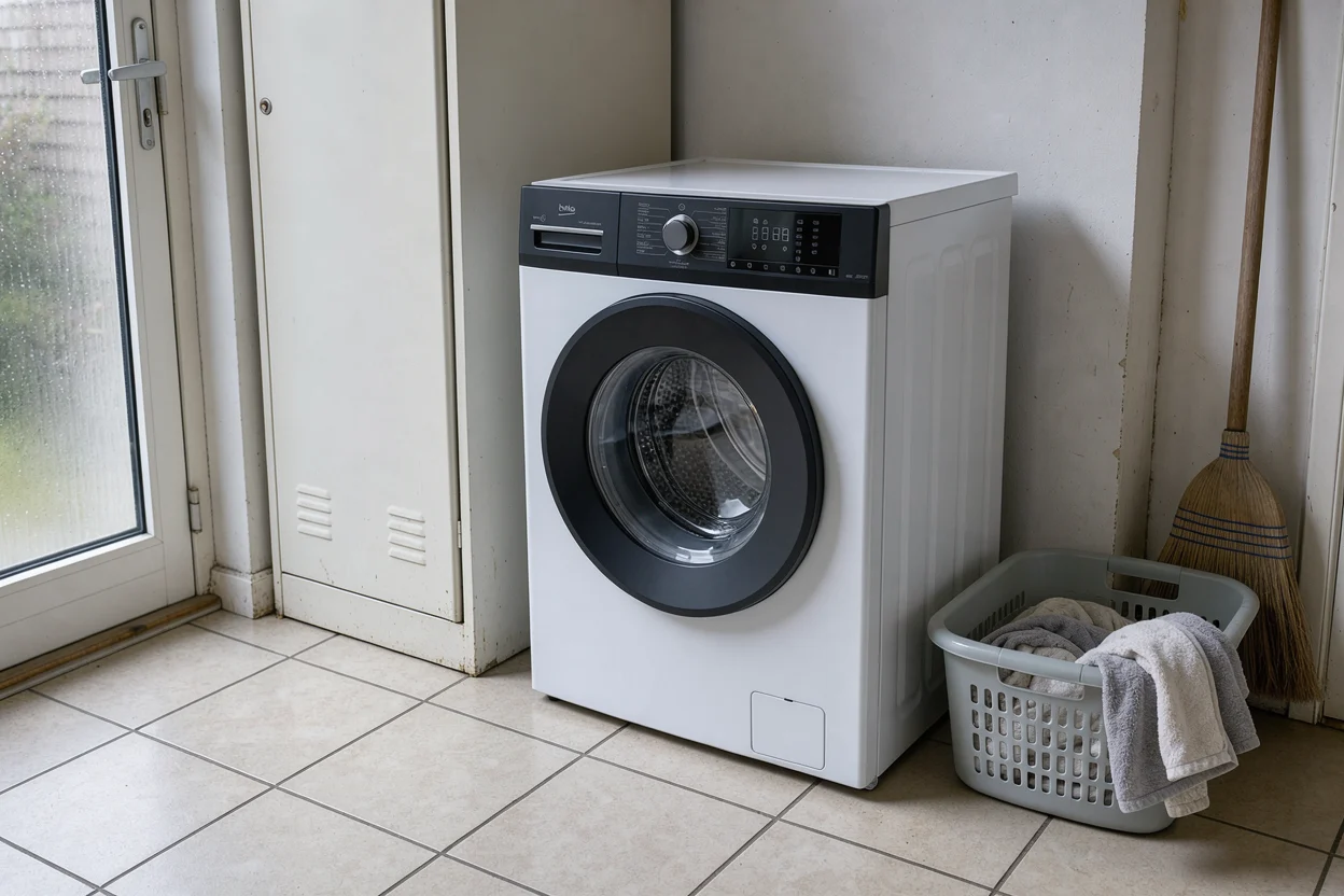 Beko B1W864BBBE naast een witte bergkast in een eenvoudige bijkeuken