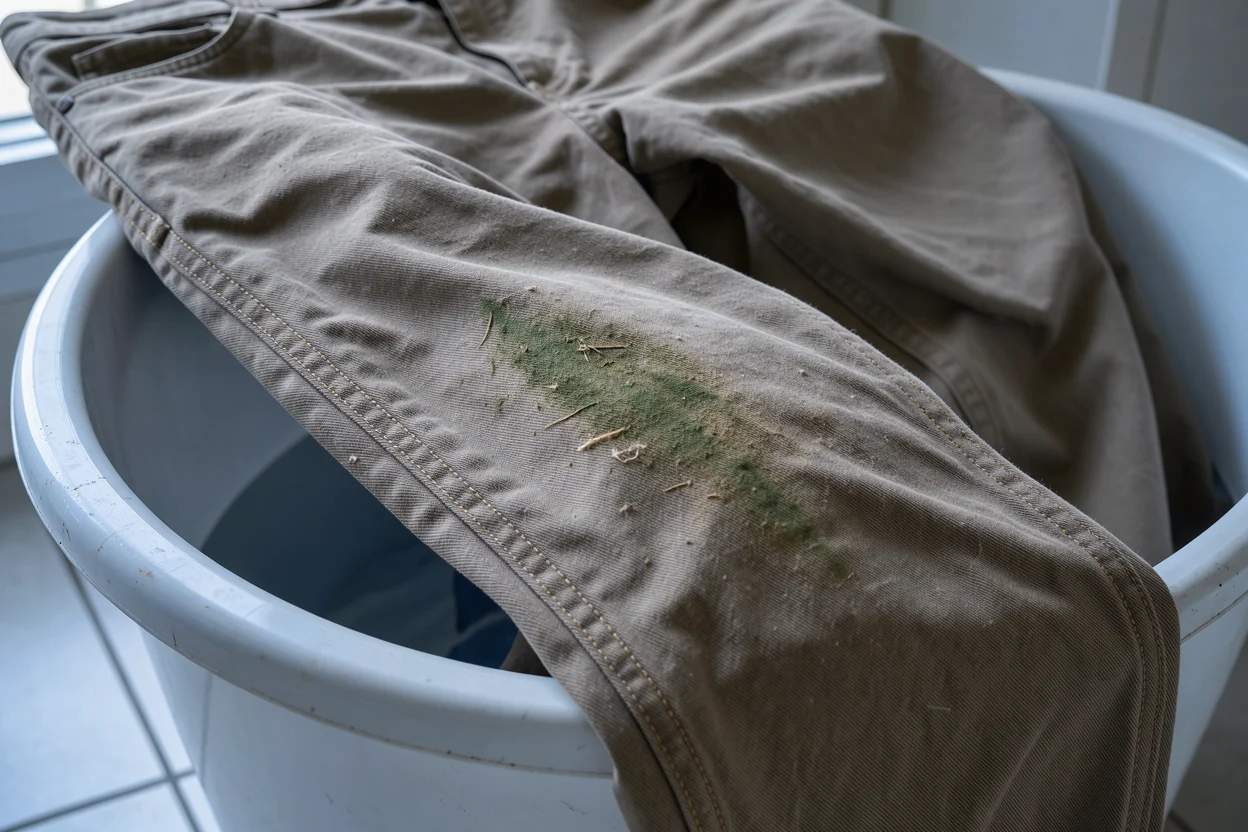Katoenen werkbroek met een grasvlek op de knie, klaargelegd voor de was