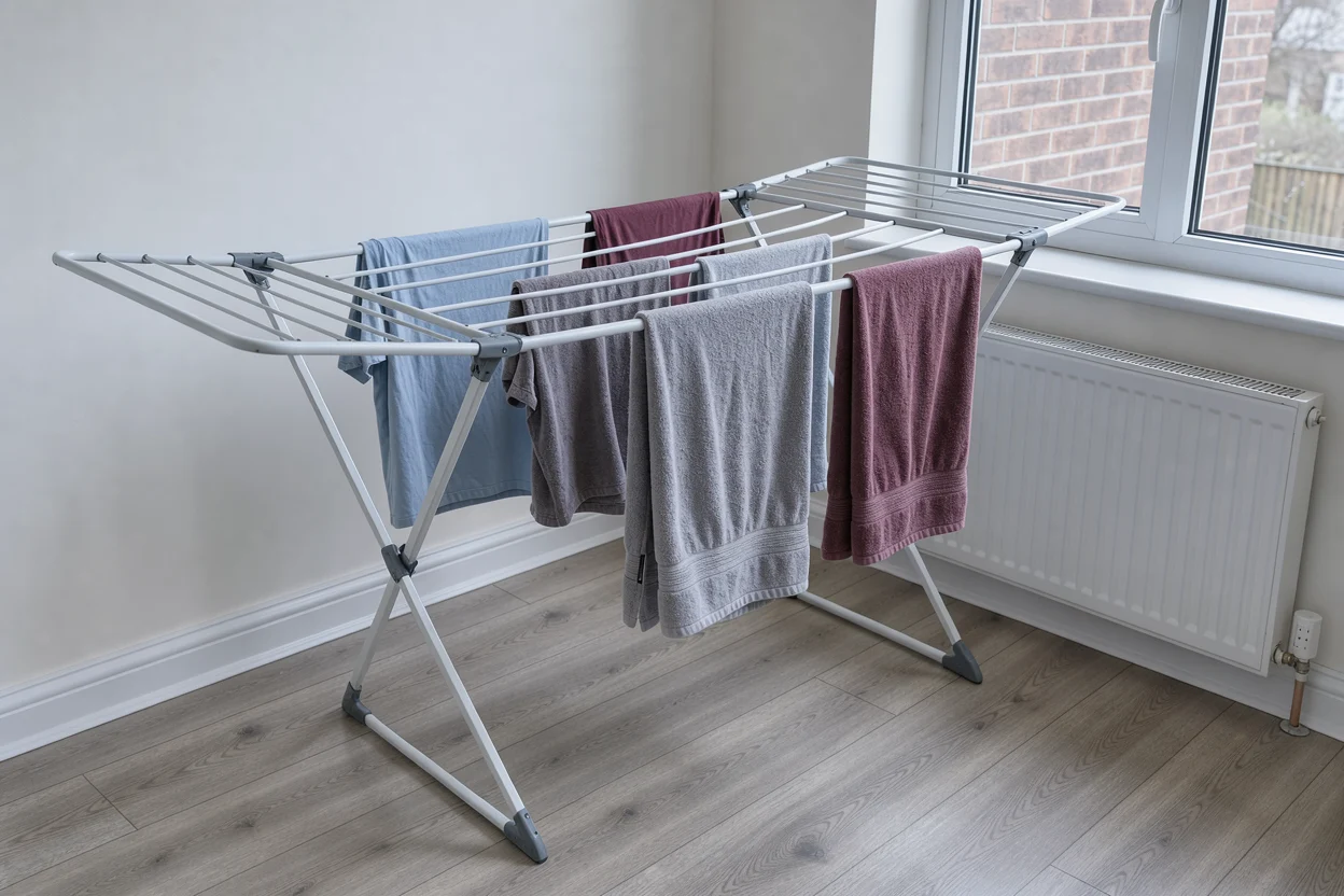 T-shirts en handdoeken met tussenruimte op een droogrek bij een raam