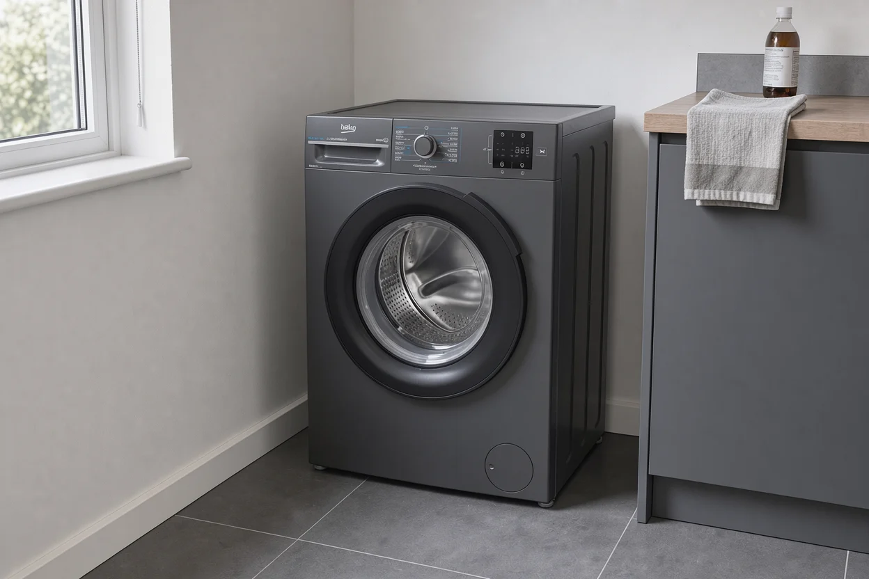 Antracietkleurige Beko BM3WFT3841A in een washoek naast donkere kasten