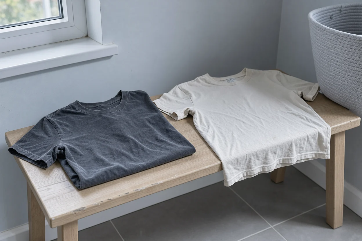 Twee lichtgedragen katoenen shirts op een eenvoudige bank voor een kleine was