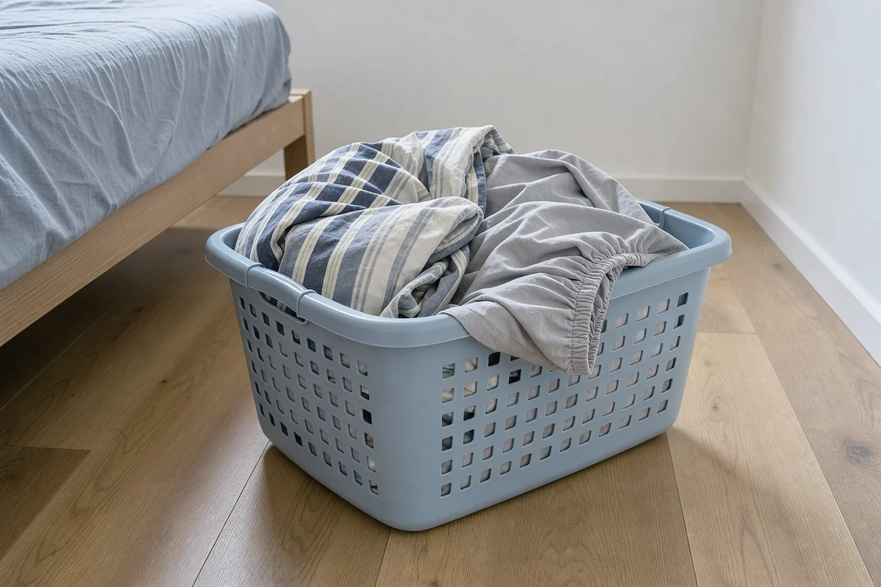 Dekbedovertrek en hoeslaken die ruim boven de rand van een wasmand uitkomen