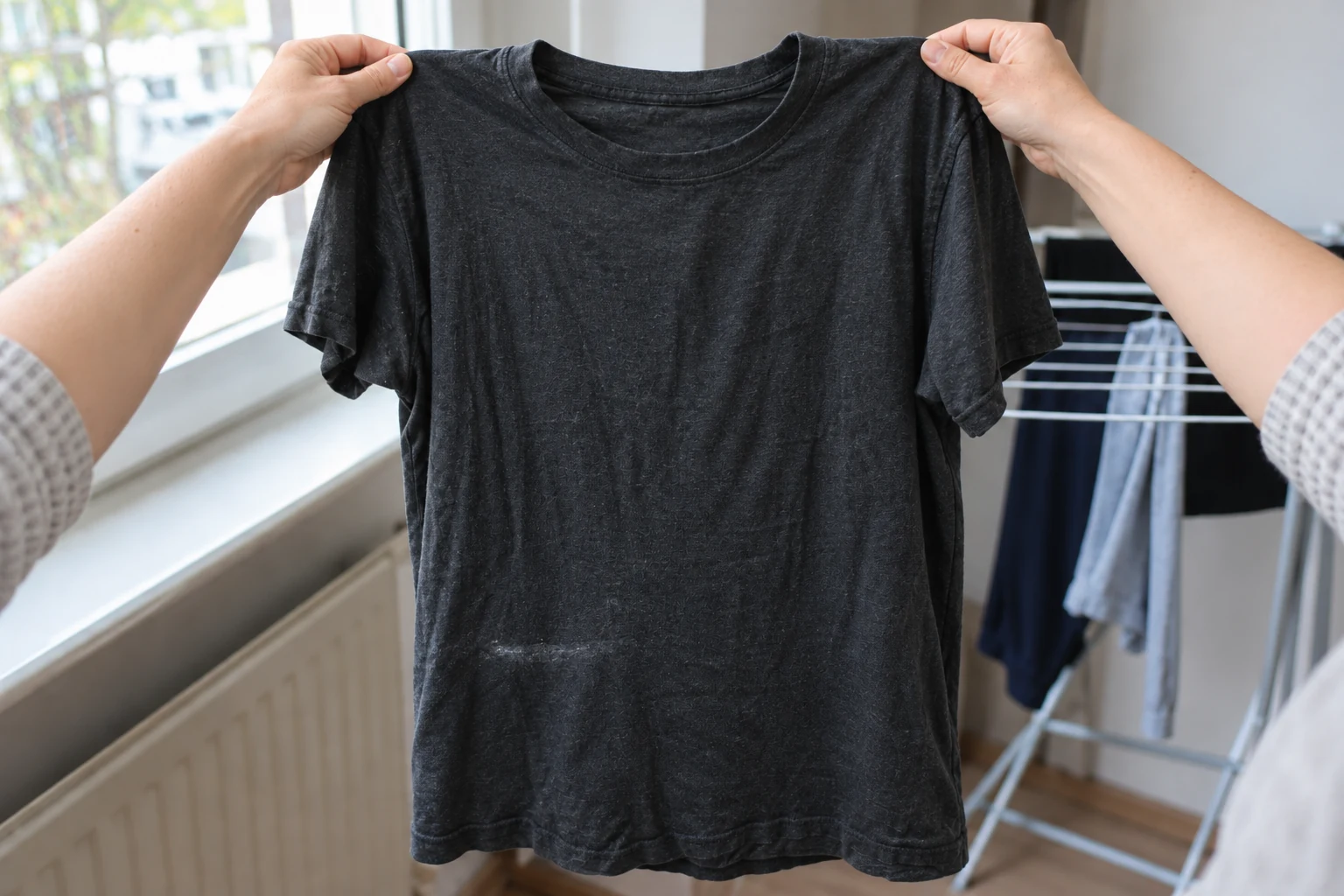Handen controleren een donker shirt op lichte wasmiddelresten voordat het wordt opgehangen