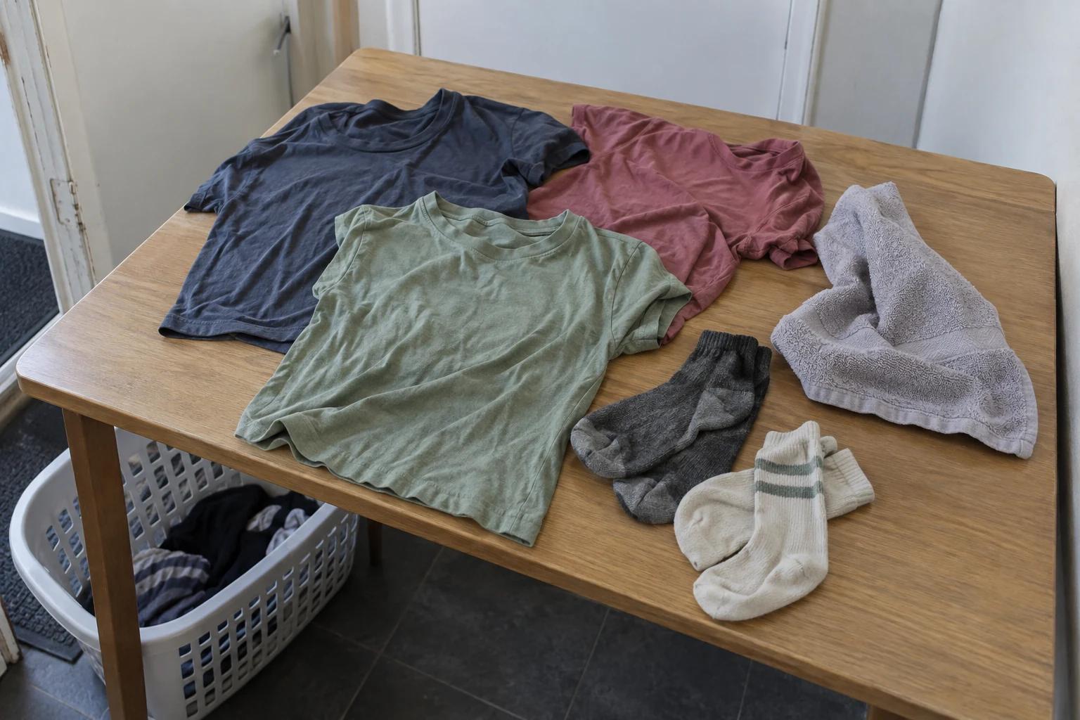 Een kleine hoeveelheid shirts, sokken en een handdoek ligt klaar voor de was