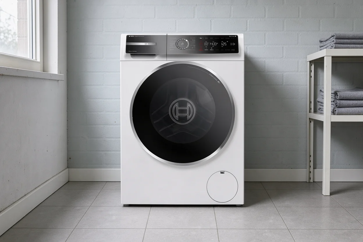 Bosch WGB244ACNL in een wasruimte met grijze tegelvloer.