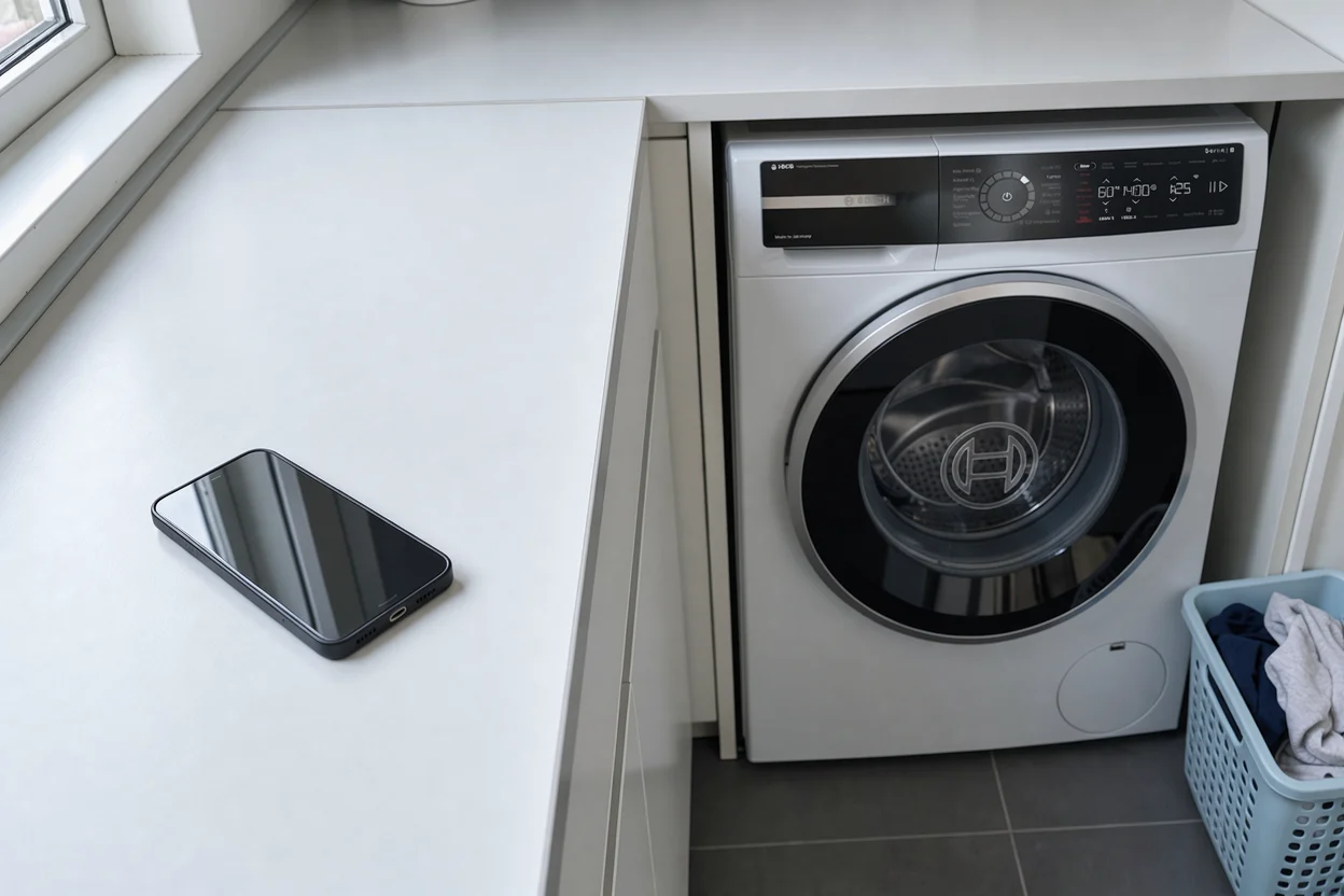 Een telefoon op het werkblad naast de Bosch WGB244ACNL.