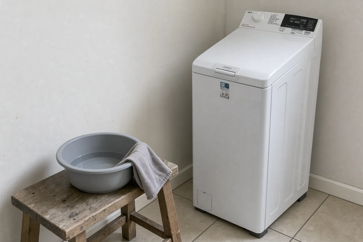 Zachte doek en schoonmaakbakje op een kruk naast een gesloten bovenlader.