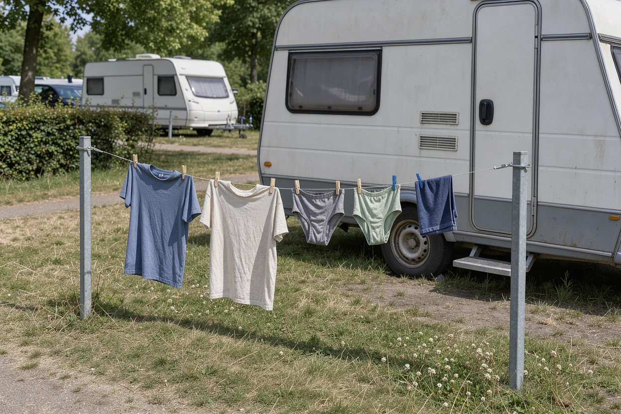 T-shirts, ondergoed en een kleine handdoek aan een waslijn bij een caravan.