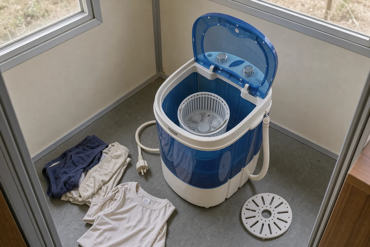 Open campingwasmachine met een kleine centrifugekorf en droog wasgoed ernaast.
