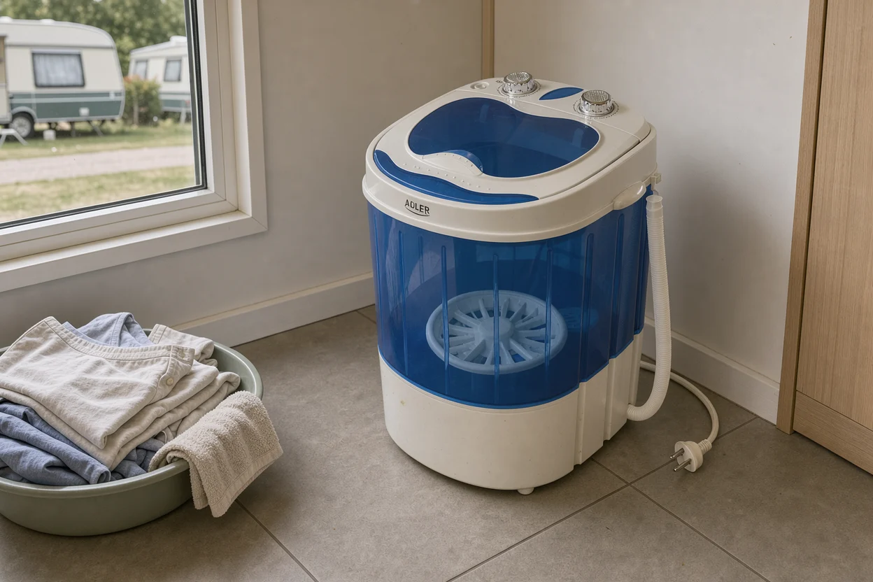 Kleine witte en blauwe campingwasmachine op een droge tegelvloer in een chalet.