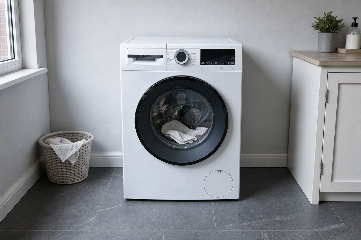 Witte Bosch wasmachine bij een raam, wasmand en eenvoudige kast.