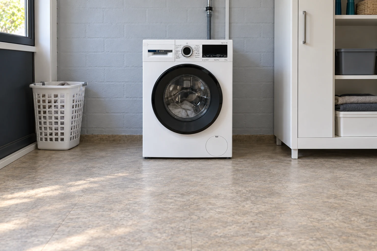 Witte Bosch wasmachine bij een raam, wasmand en eenvoudige kast.