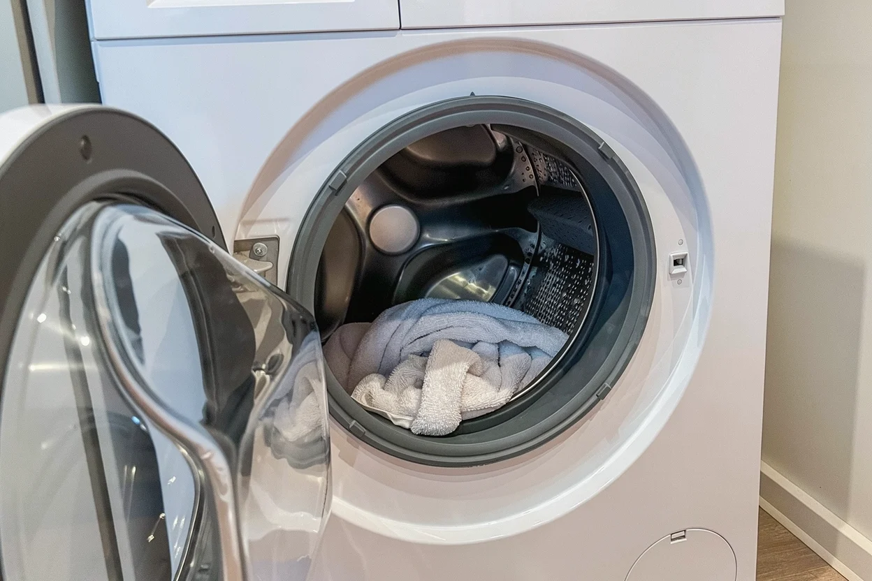 Open wasmachinedeur met zicht op de trommel en een losse witte handdoek.