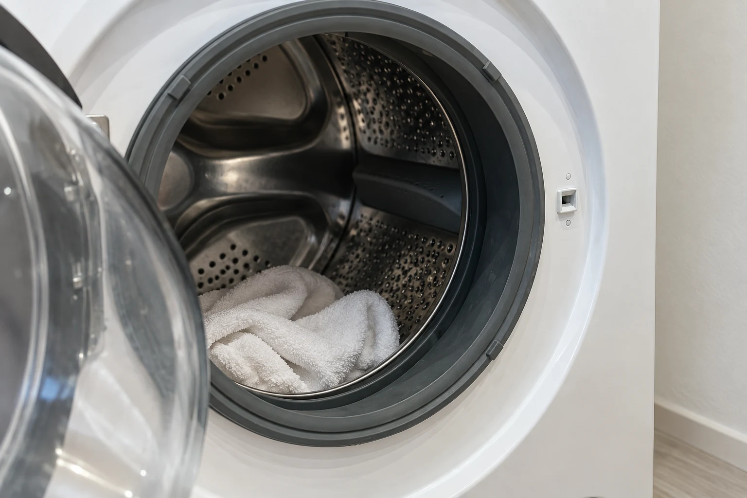 Open wasmachinedeur met zicht op de trommel en een losse witte handdoek.
