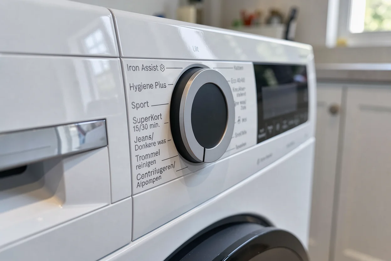 De programmaknop en het bedieningspaneel van een Bosch-wasmachine van opzij.