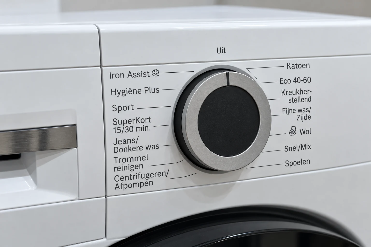 Programmaknop van een Bosch wasmachine met Nederlandse programmanamen.