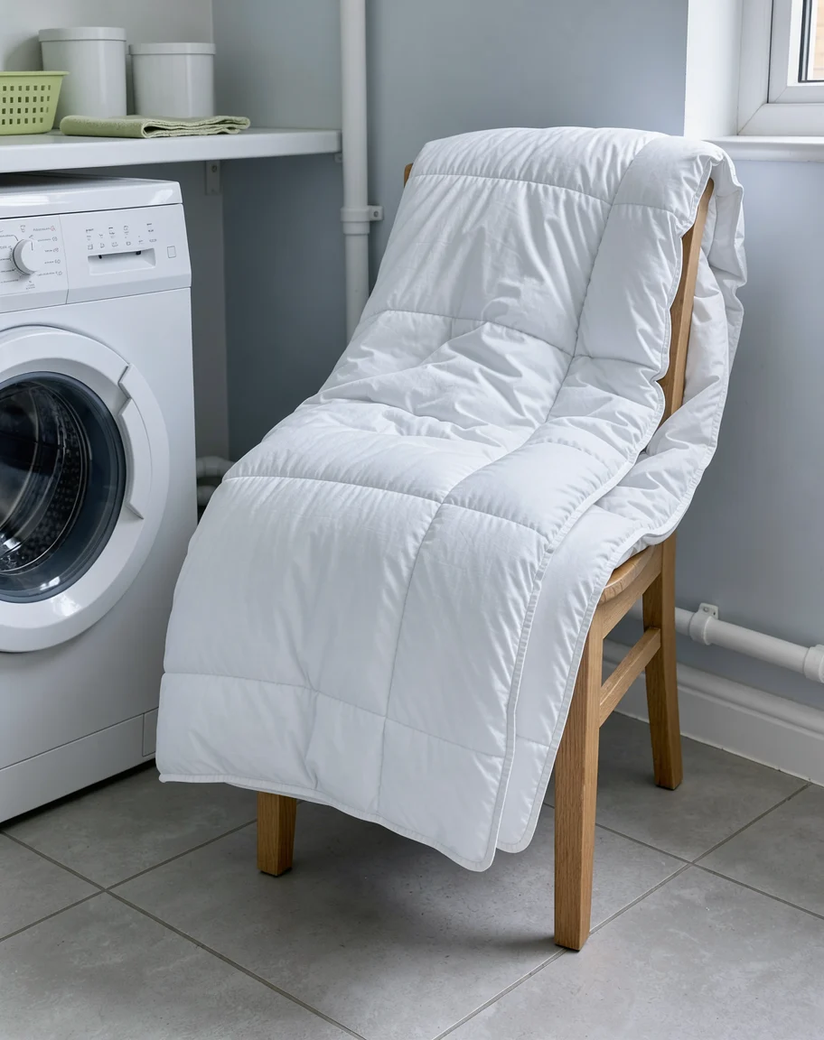 Wit dekbed over een stoel naast een wasmachine.