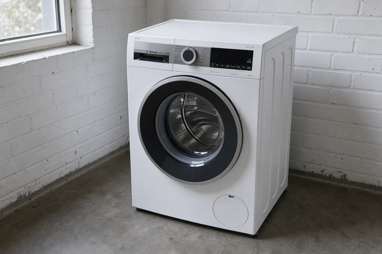 Een vrijstaande Bosch wasmachine met lege bovenkant in een eenvoudige wasruimte met daglicht