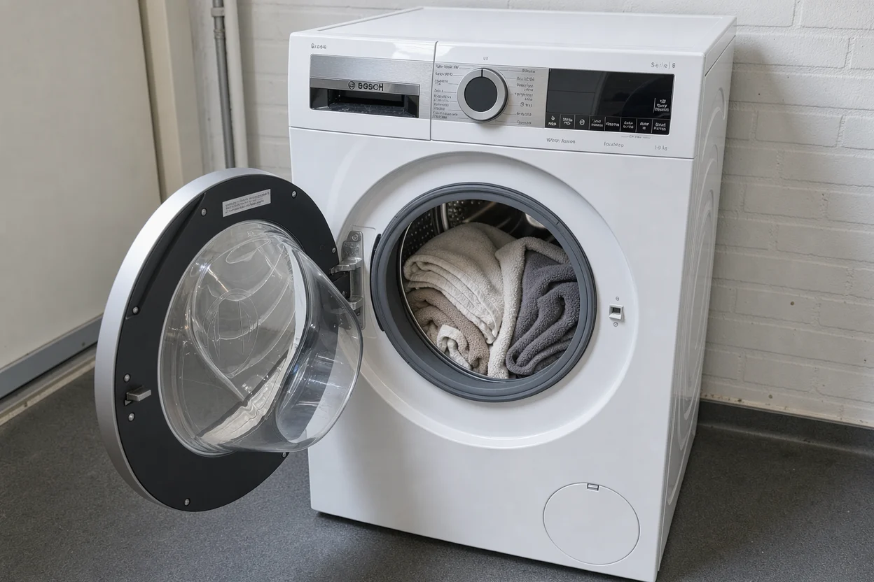Losse katoenen handdoeken in een geopende Bosch wasmachine, met vrije ruimte boven de lading