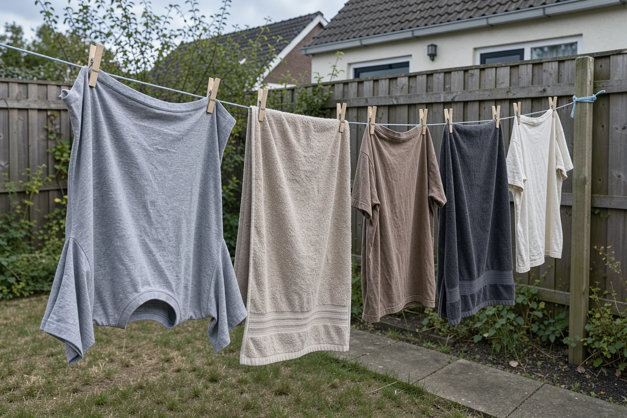 Katoenen shirts en handdoeken aan een waslijn in een kleine achtertuin bij bewolkt weer