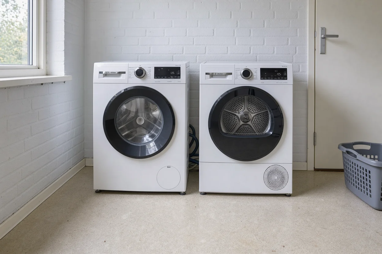 Witte Bosch wasmachine en droger naast elkaar in een lichte bijkeuken met geschilderde bakstenen muur.