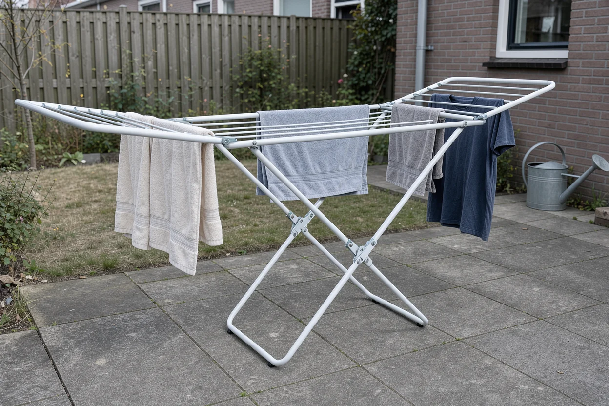 Handdoeken en een T-shirt over de stangen van een droogrek op een buitenterras.
