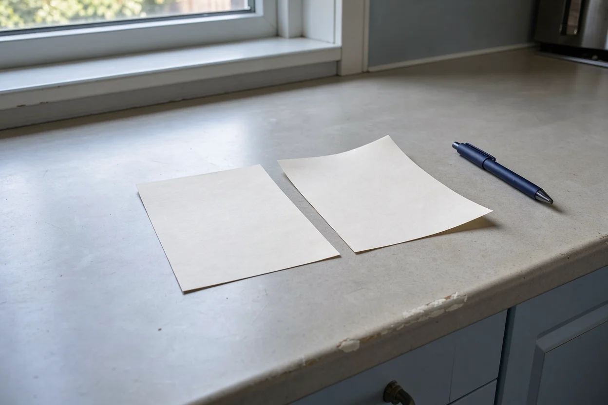 Twee blanco kaarten naast een pen op een keukenaanrecht.