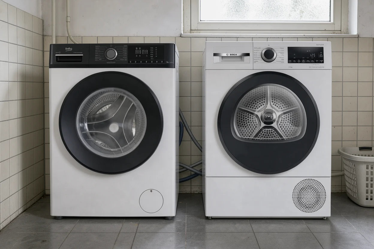 Twee witte wasapparaten naast elkaar in een eenvoudige betegelde wasruimte.