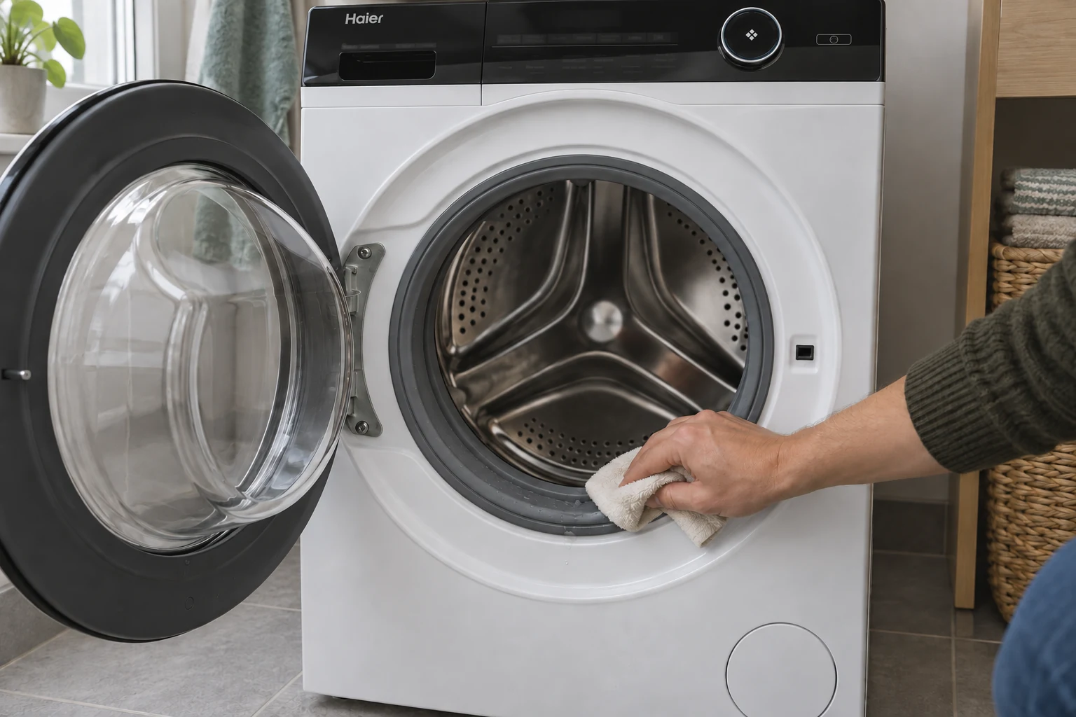 Een hand met een katoenen doek droogt het deurrubber van een geopende Haier-wasmachine