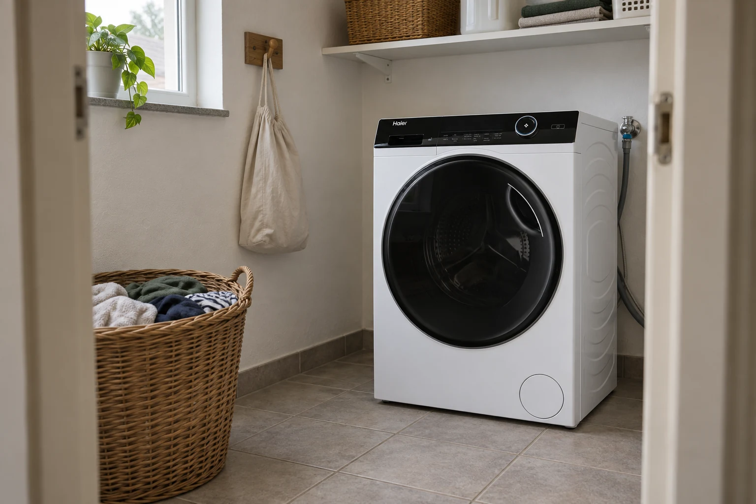 Witte Haier-wasmachine met zwart bedieningspaneel in een eenvoudige bijkeuken