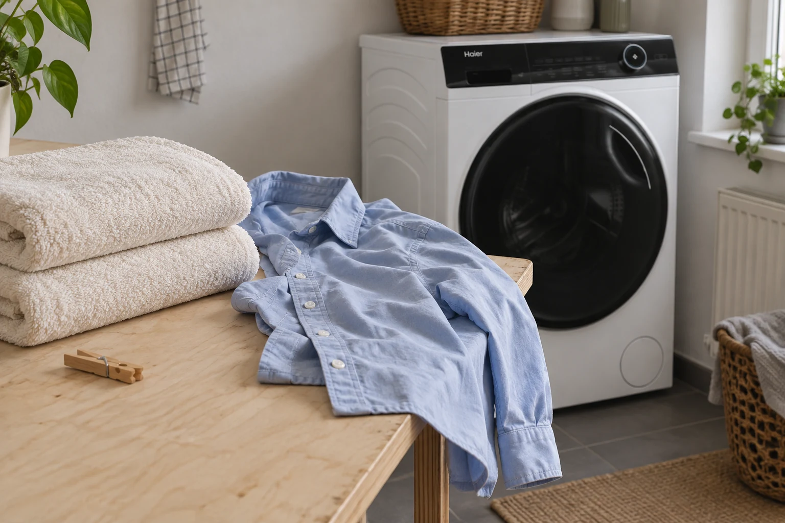 Een lichtblauw overhemd en handdoeken liggen naast een Haier-wasmachine