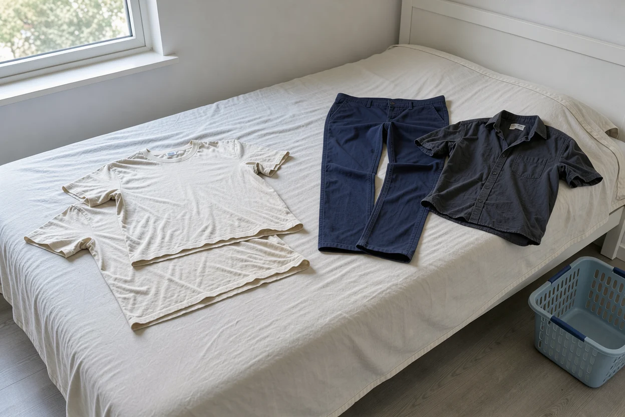 Lichte shirts en donkere kleding apart op een eenvoudig bed.