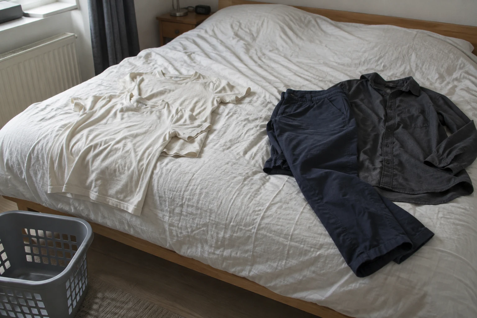 Lichte shirts en donkere kleding apart op een eenvoudig bed.