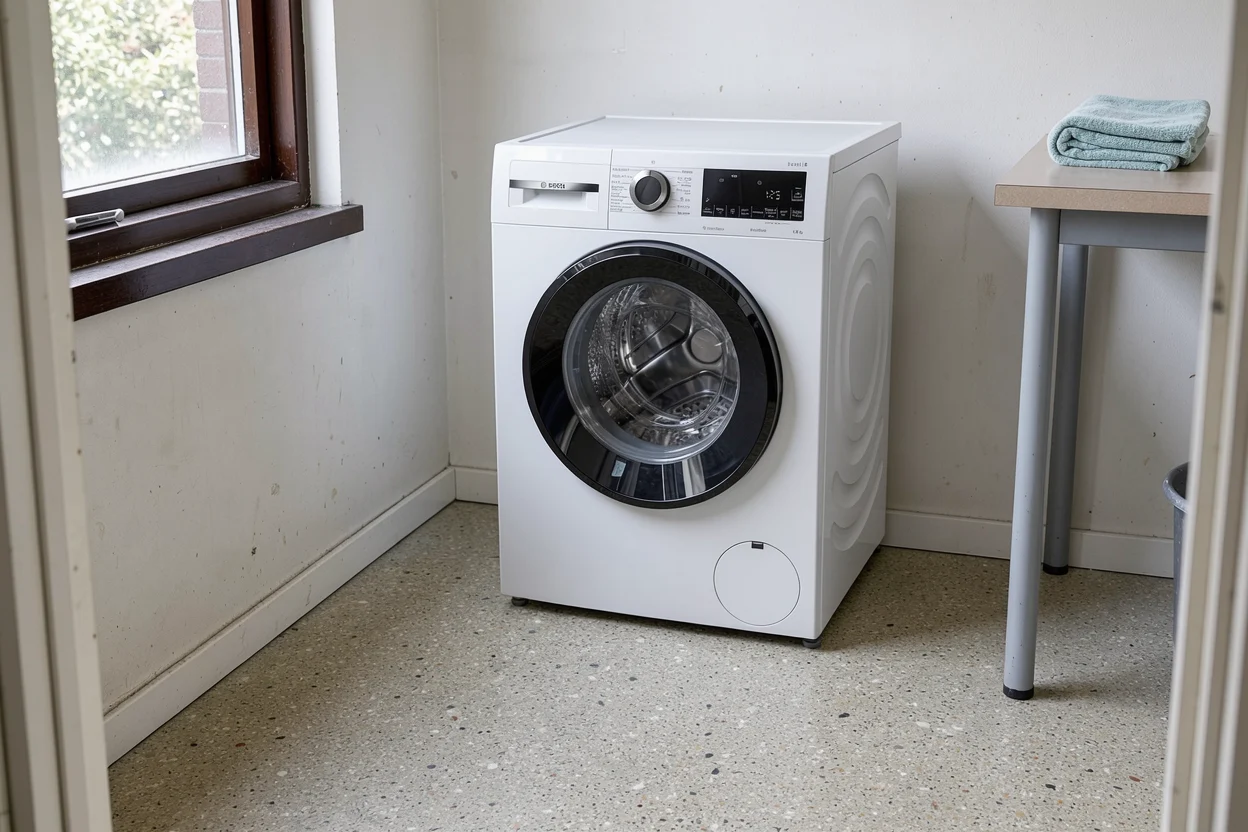 Witte wasmachine in een gewone washoek bij een raam.