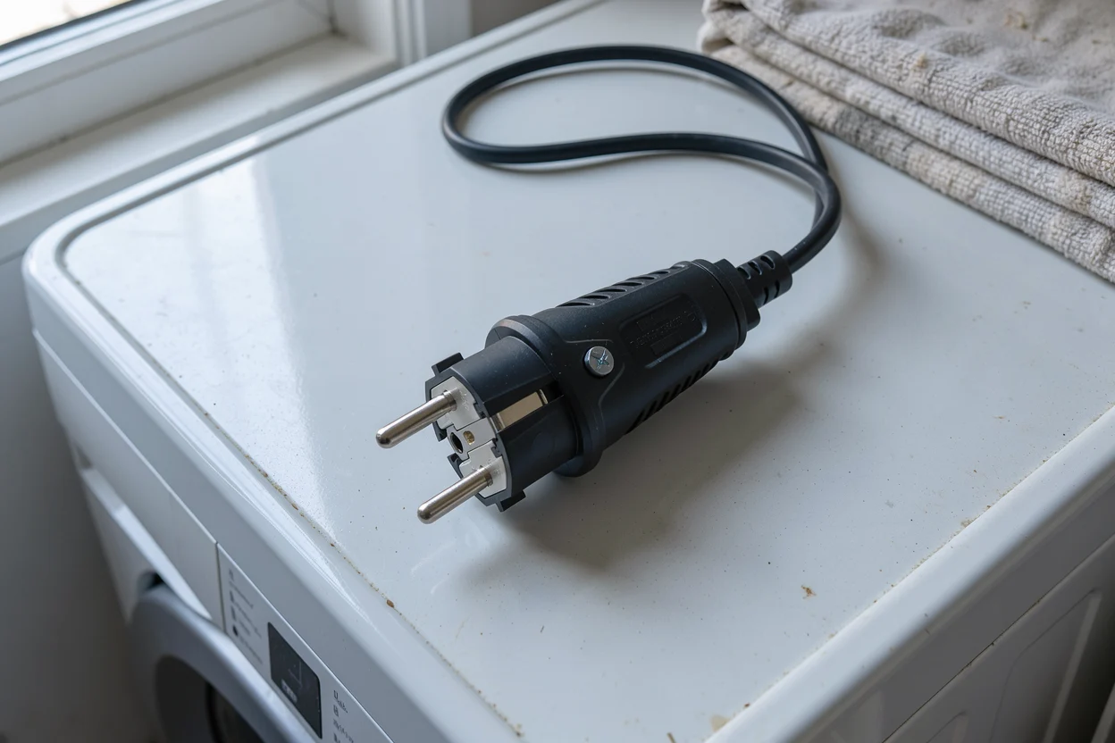 Losse geaarde stekker op het droge bovenblad van een wasmachine.