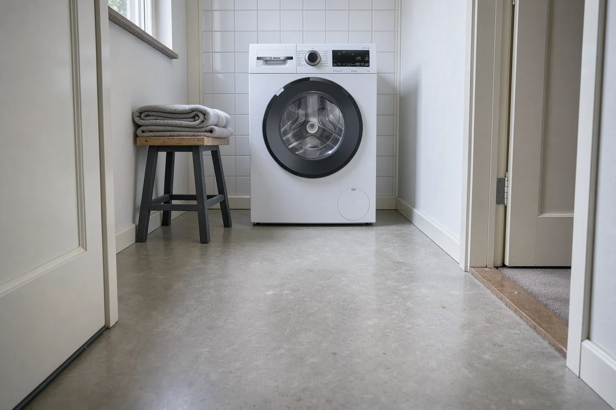 Witte wasmachine in een eenvoudige bijkeuken met vrije ruimte ervoor.
