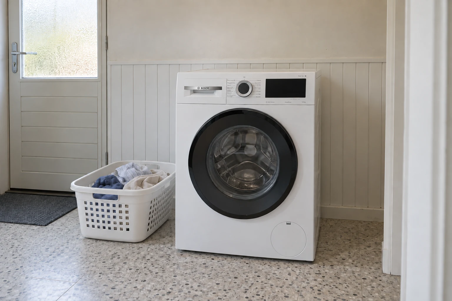 Een Bosch-wasmachine staat in een washoek met een kunststofmand droog wasgoed ernaast.
