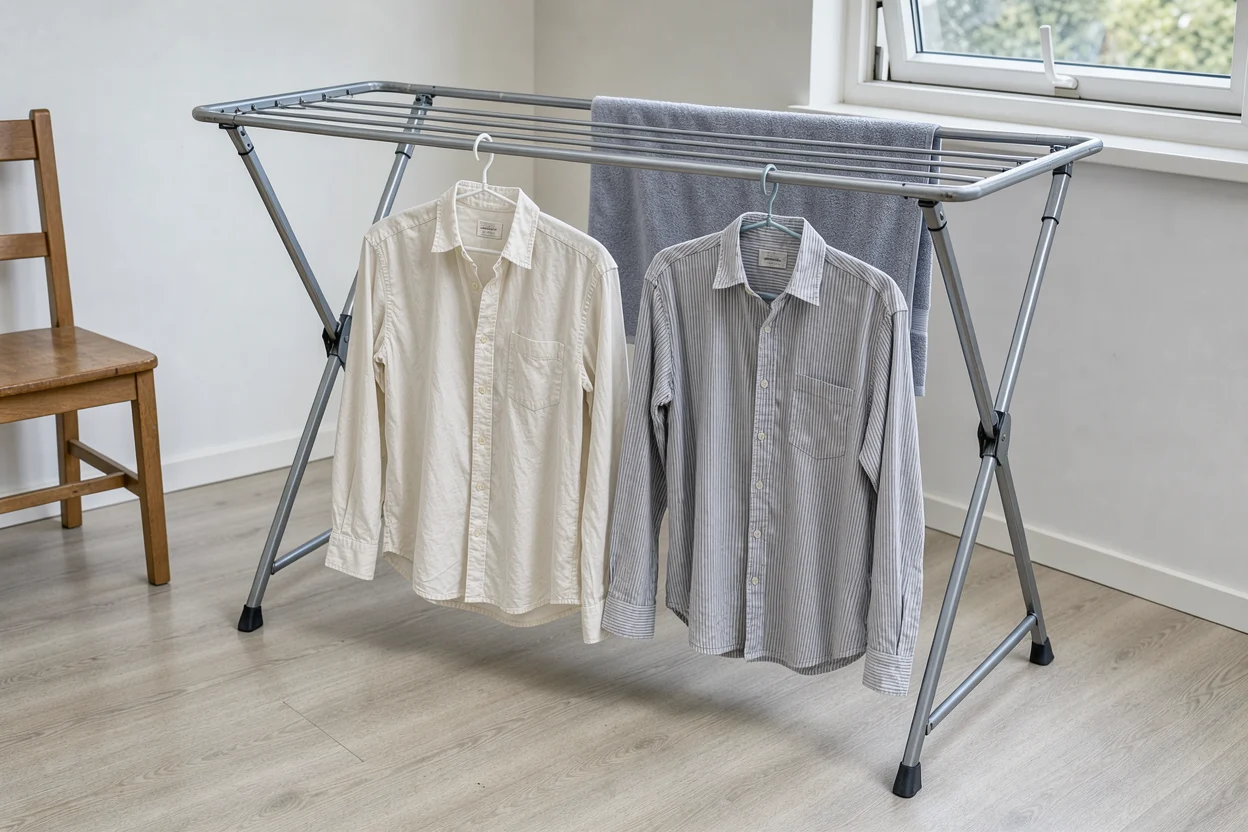 Twee katoenen overhemden op kledinghangers en een handdoek aan een droogrek in een gewone kamer.