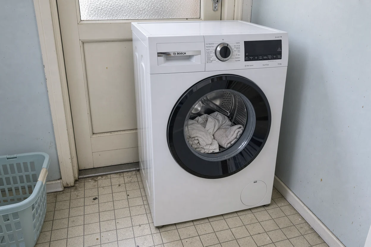 Witte wasmachine met gesloten deur en een kleine hoeveelheid katoenen was zichtbaar in de trommel.