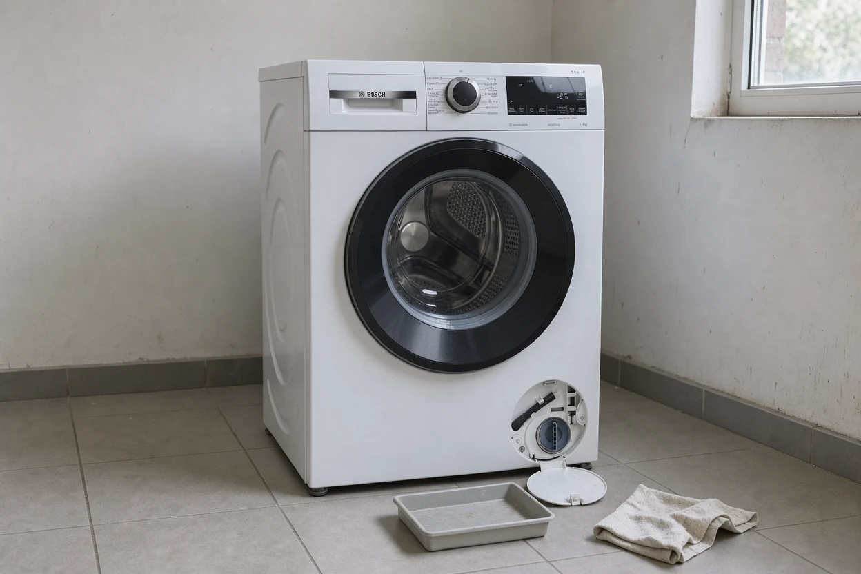 Wasmachine met open serviceklep, gesloten pompdeksel en een lage opvangschaal met doek ervoor.