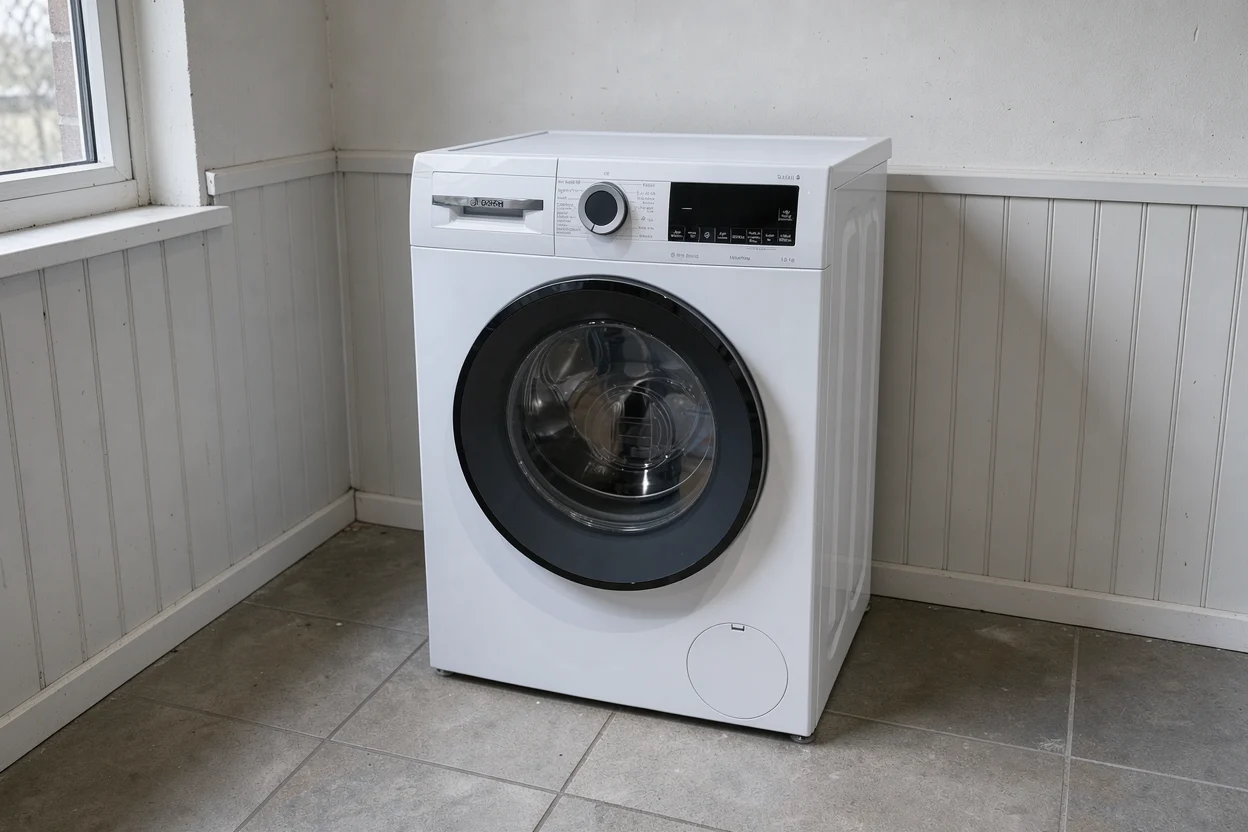 Bosch wasmachine vrijstaand op een harde tegelvloer in een gewone wasruimte